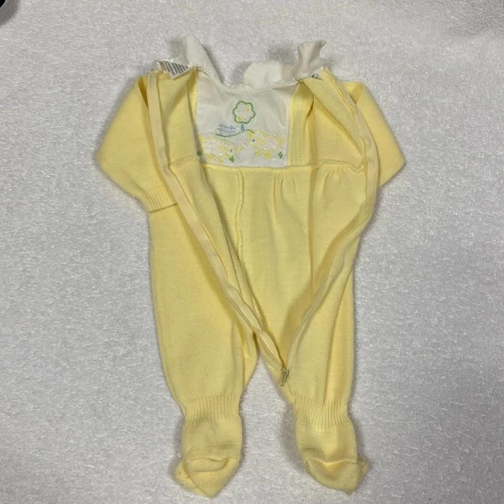 Vintage friemanit knit Yellow Kids sheep One Piece footed unisex play suit 6m - Picture 6 of 9